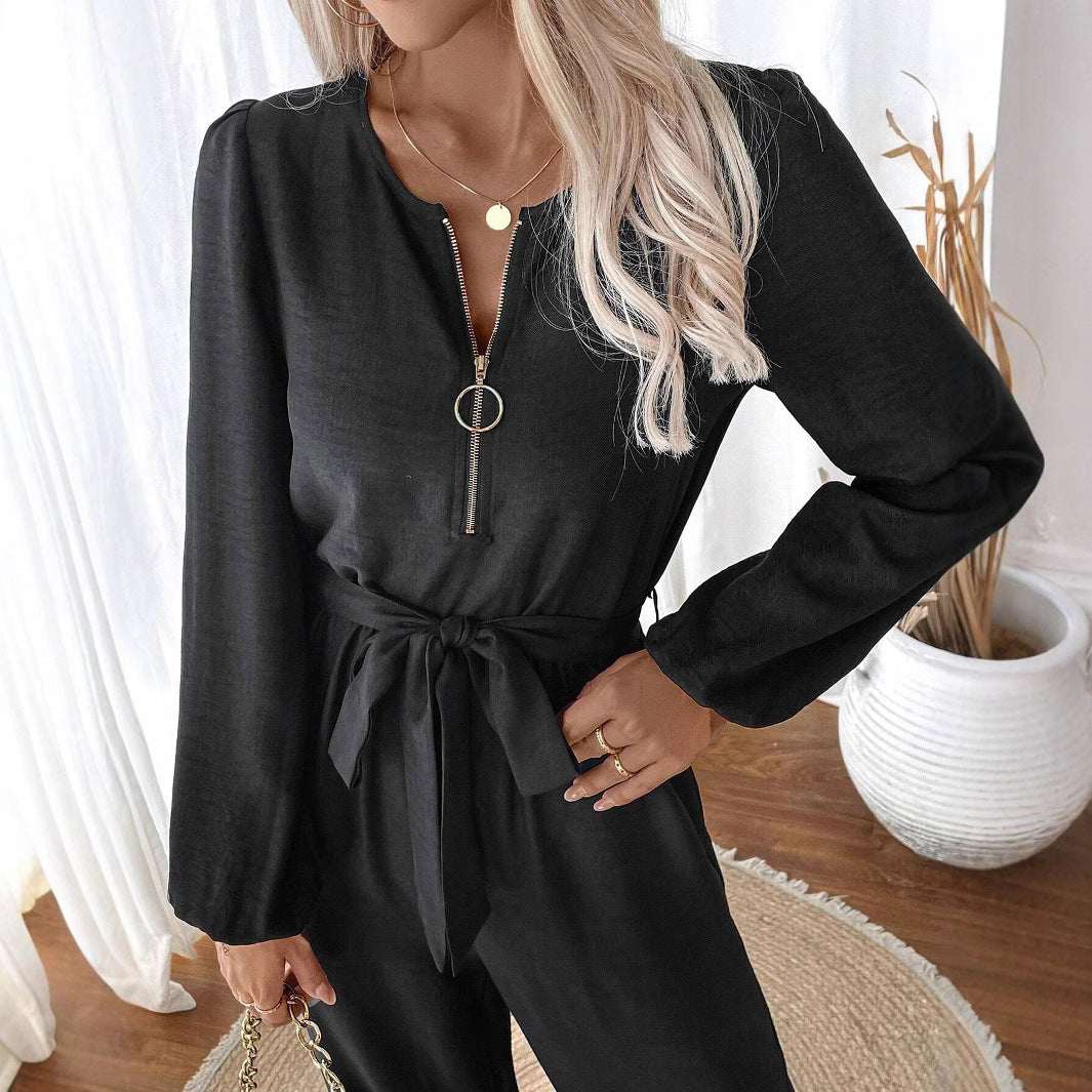 Women’s Casual Fashion Long Sleeve Zipper Belted Jumpsuit