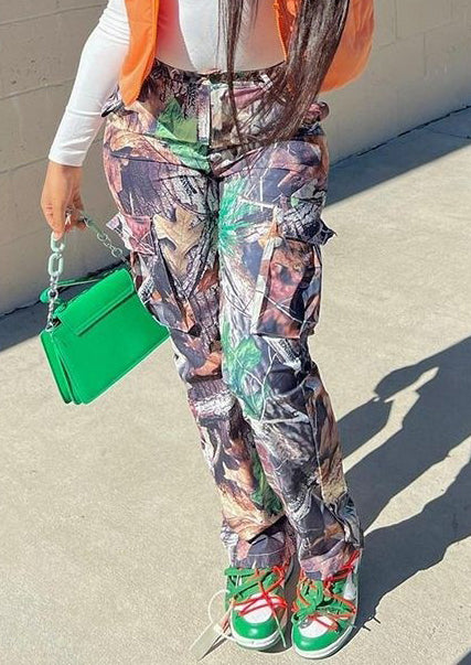 Autumn/Winter Fashion Leaf Print Straight High Waist Pocket Multicolor Cargo Pants