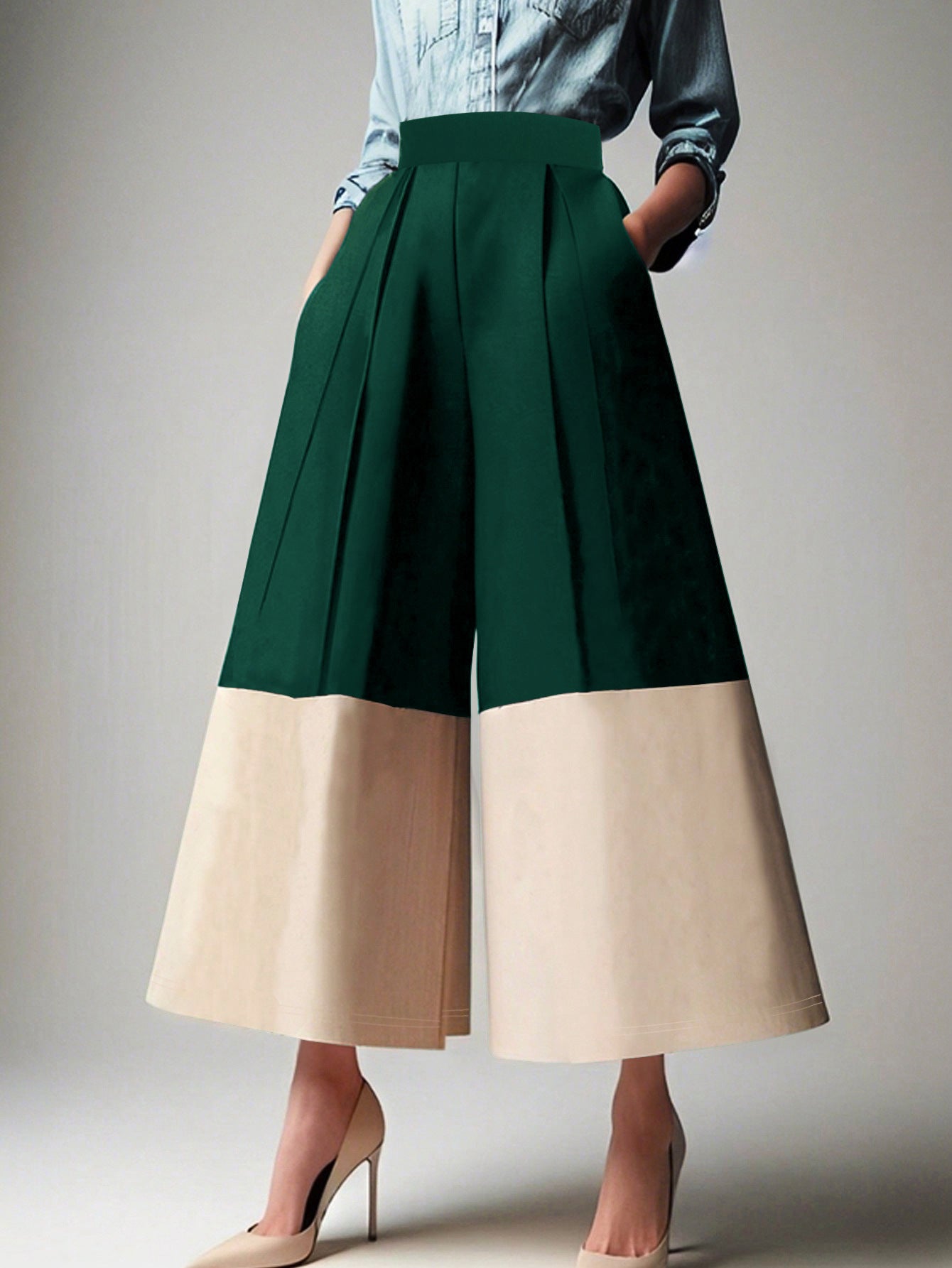 Women Elegant Color Block High Waist Pants 8