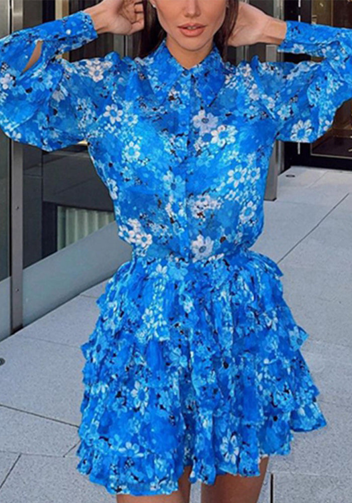 Women Printed Long Sleeve Shirt and SkirtTwo Piece Set