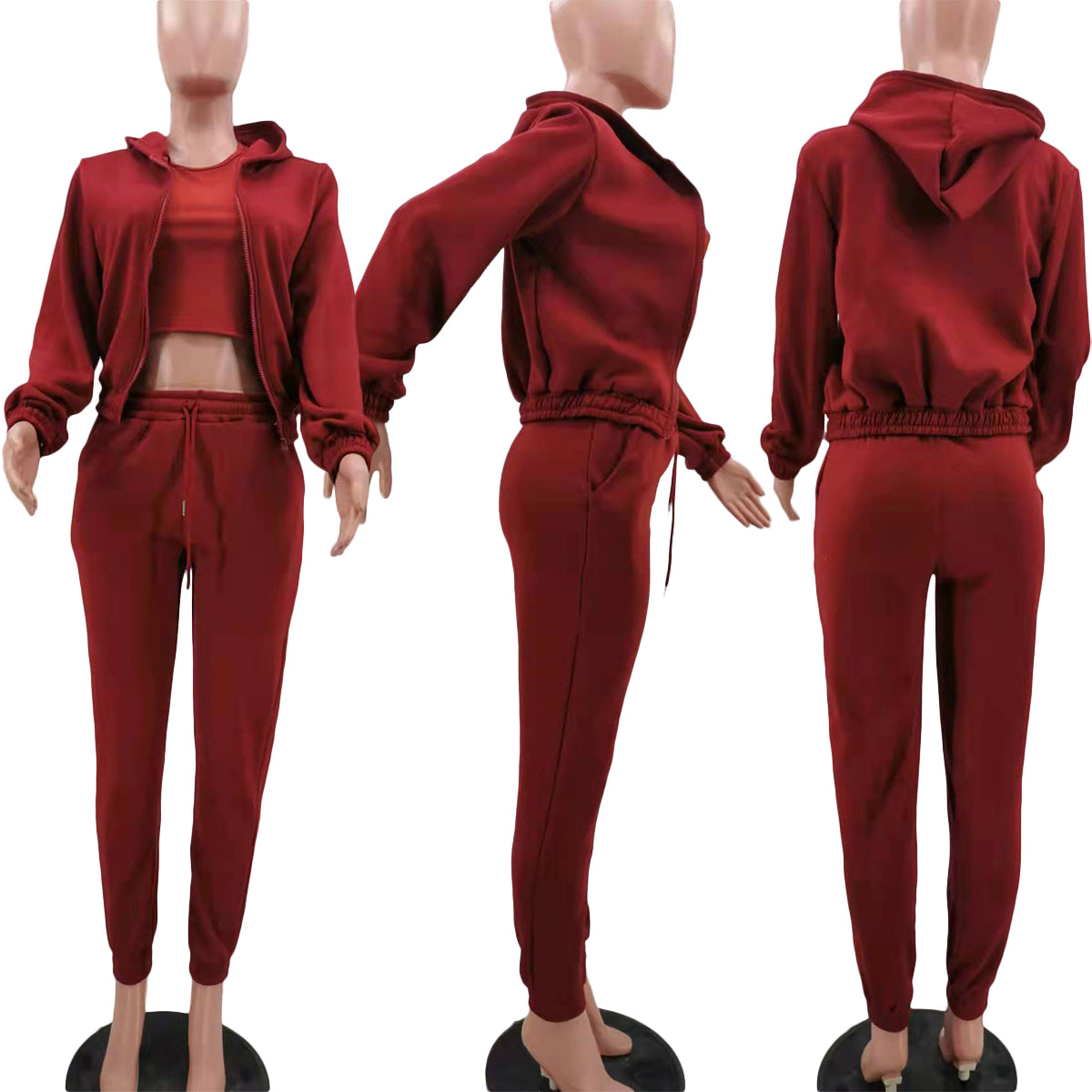 Winter Burgunry Thick Hooded Three Piece Pants Tracksuit