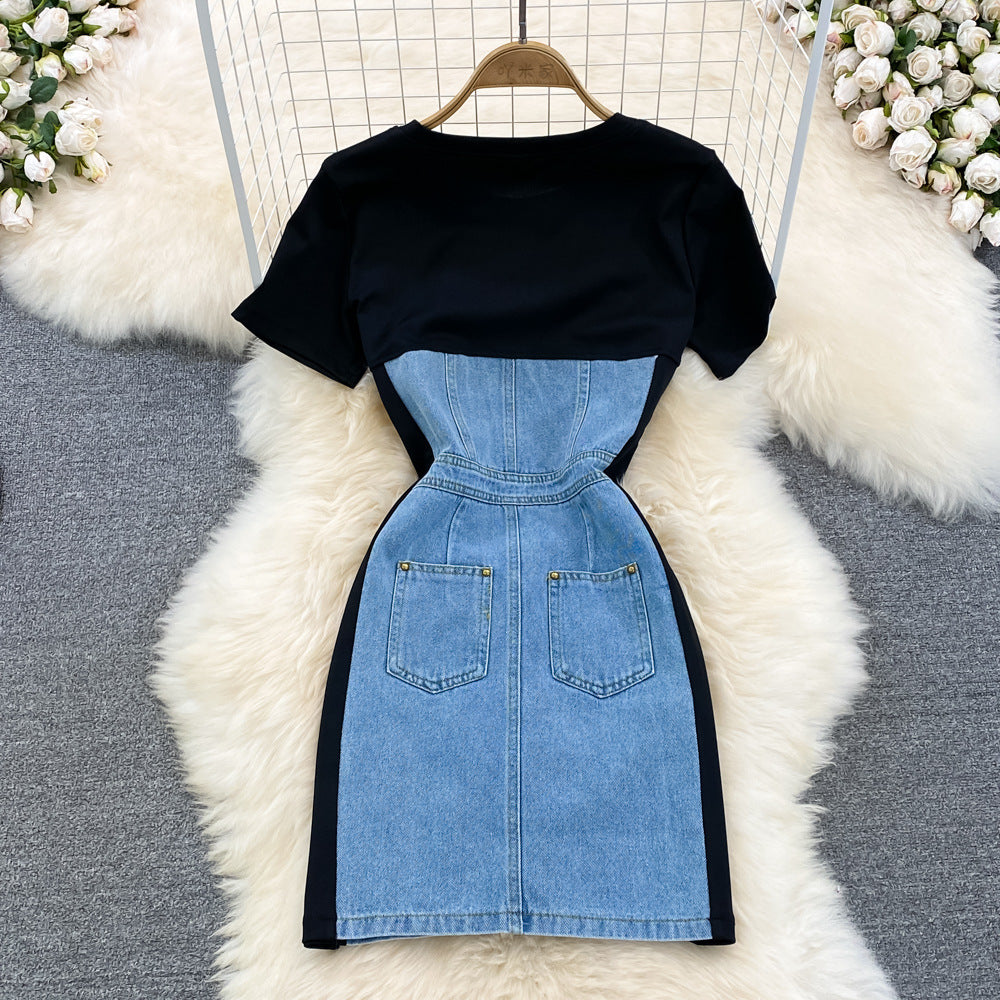 Women Round Neck Short Sleeve Denim Bodycon Dress 5