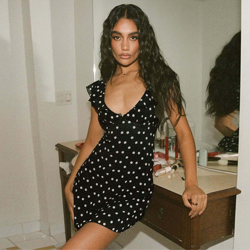 Women Polka Dot Print Sexy V-neck Patchwork Mesh Mini Dress 3