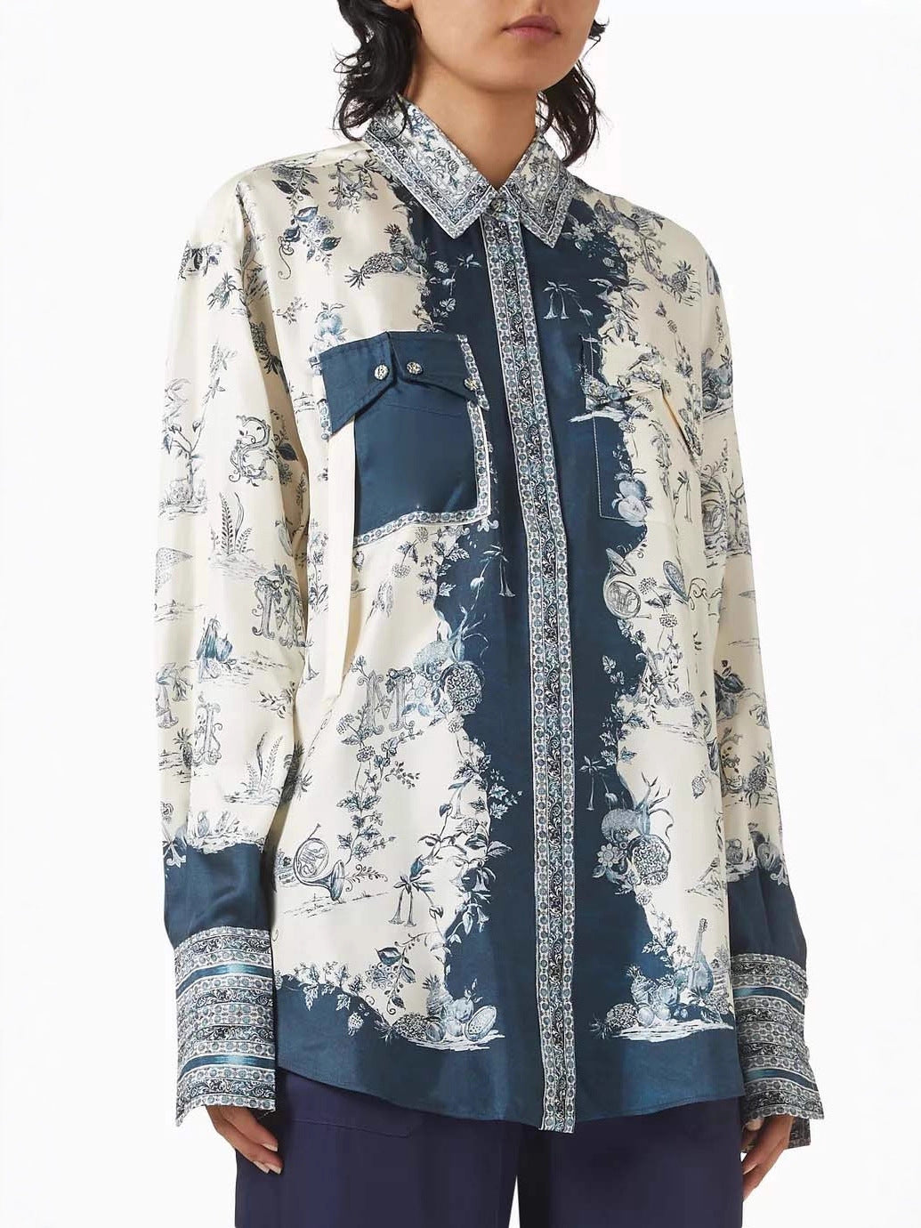 Women's Print Shirt Long Sleeve Turndown Collar Trendy Loose Top 5