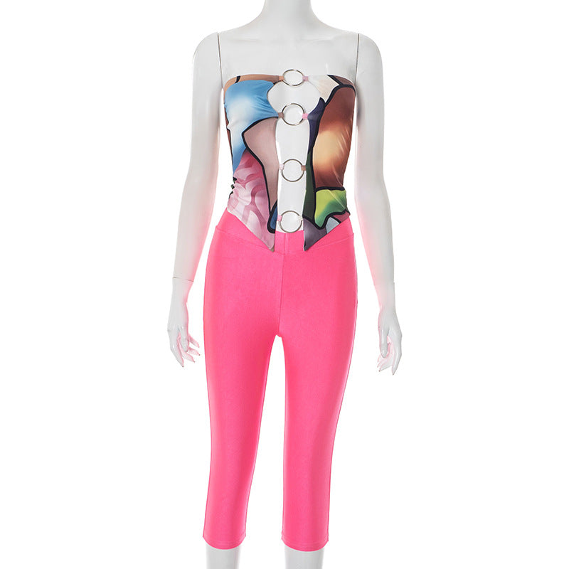 Women's Spring Summer Printed Ring Patchwork Strapless Top & Three-Quarter Pants Set 9