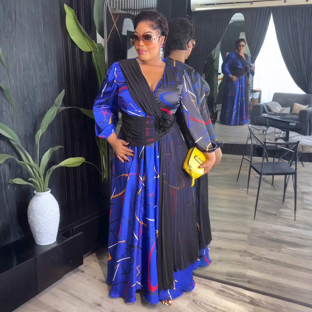 Africa Women's Muslim Color Block Print Plus Size Long Dress 3