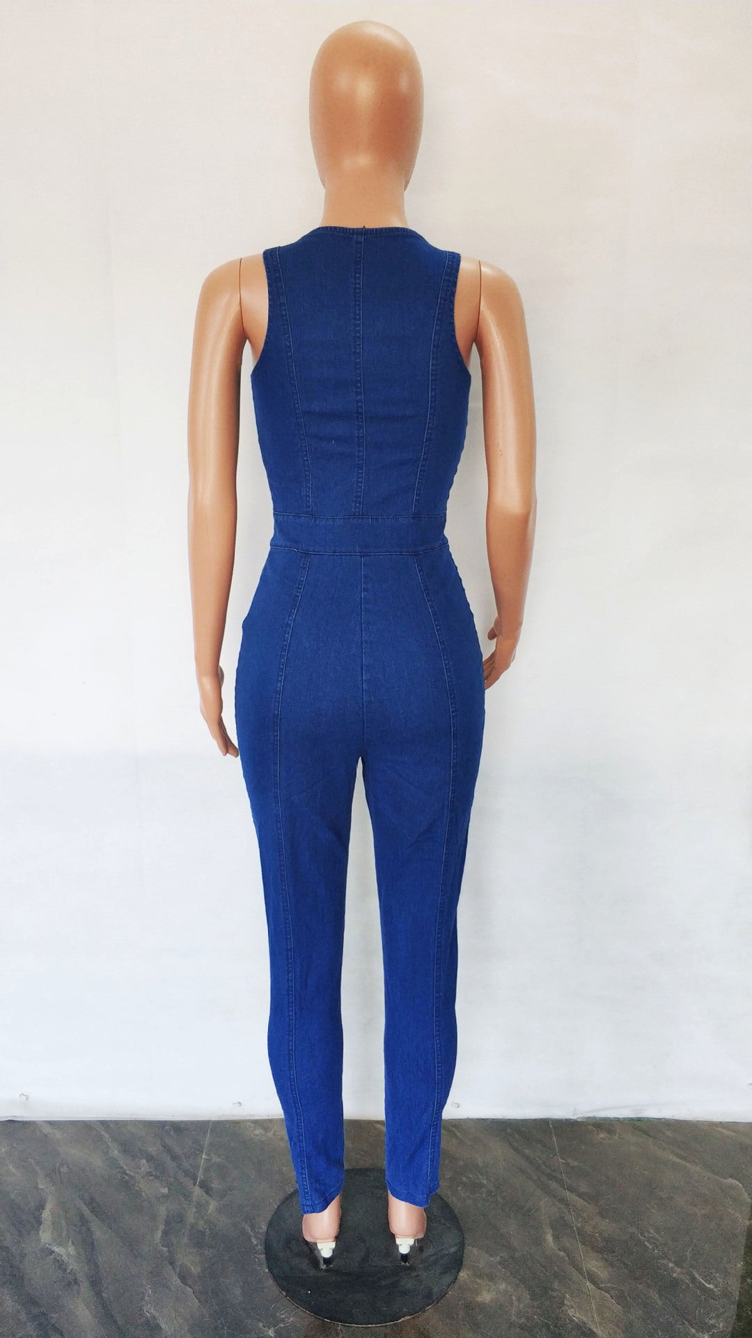 Women Sexy Sleeveless Zipper Slim Denim Jumpsuit 6