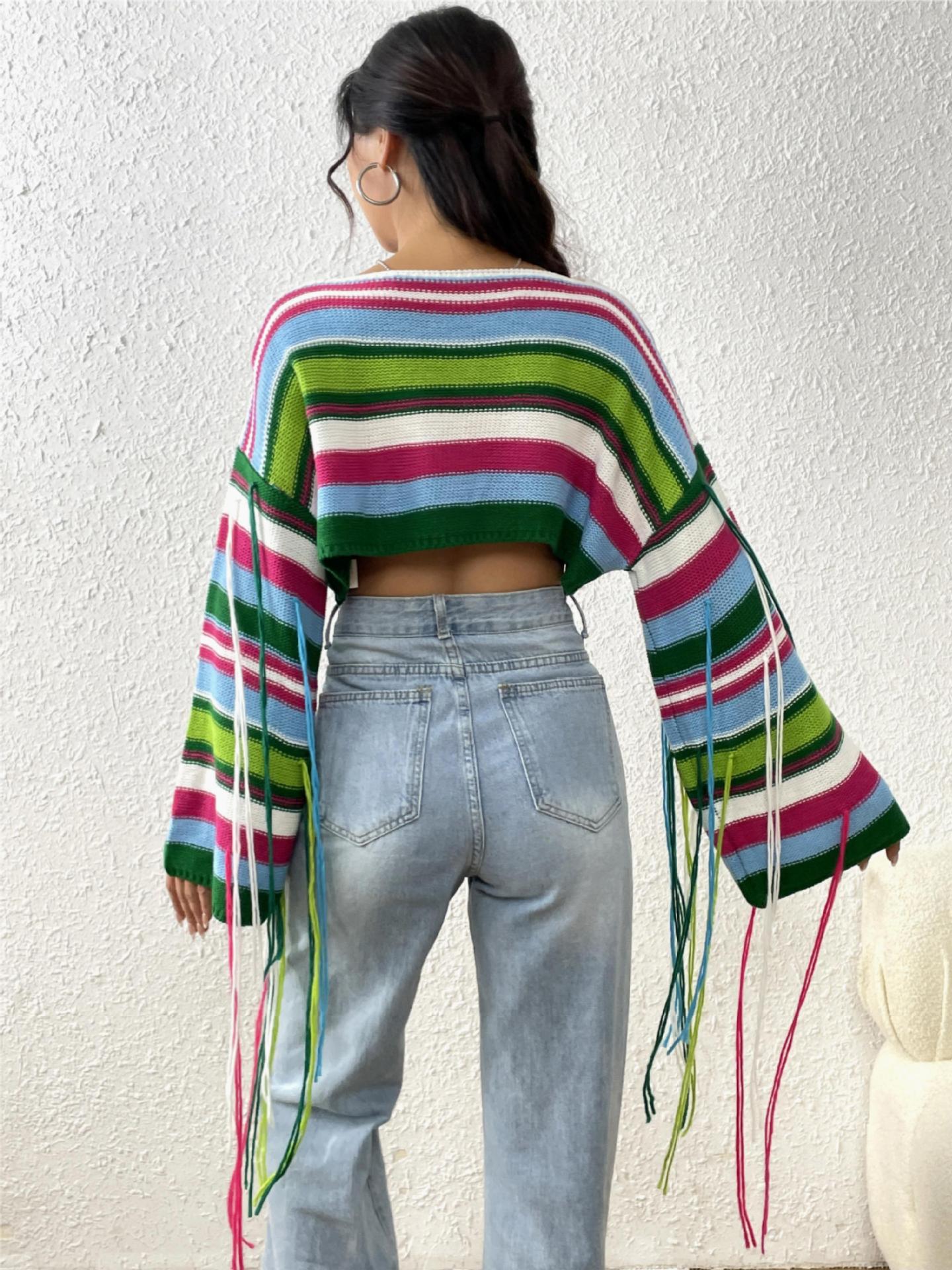 Women Rainbow Stripe Tassel Crop Loose Sweater 8