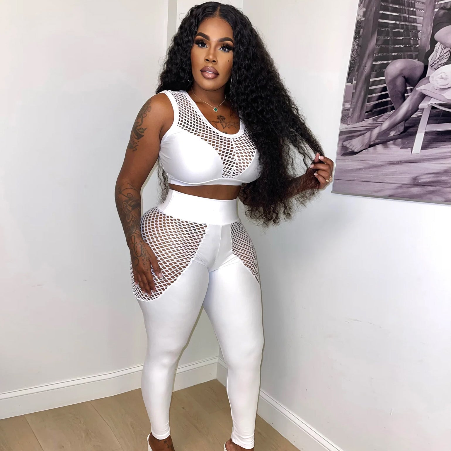 Hollow Mesh Hole See-Through Sexy Suit Mesh Patchwork Vest Trousers Two-piece Set 4