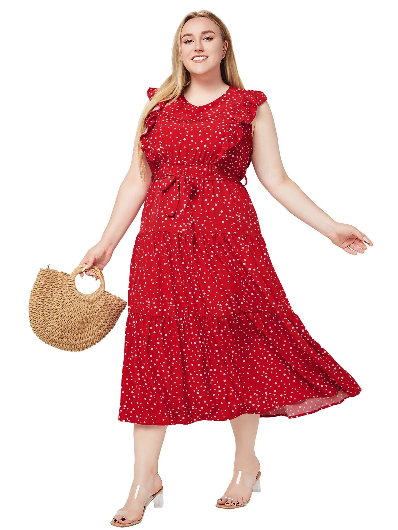 Plus Size Women Summer Round Neck Ruffle Sleeveless Polka Dot Dress 5