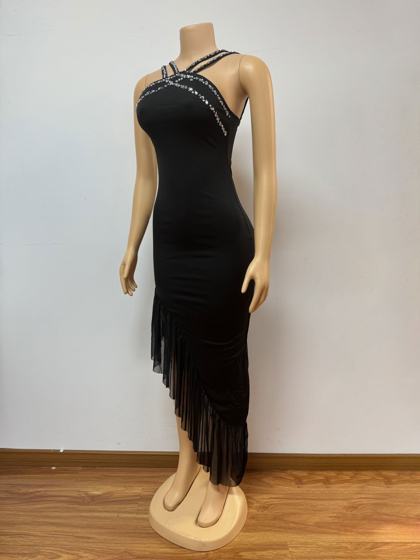 Women Beaded sexy off-shoulder Backless irregular solid bodycon dress 6