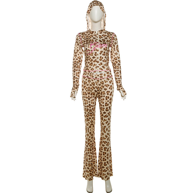 Women leopard print hooded Top and trousers two-piece set 11