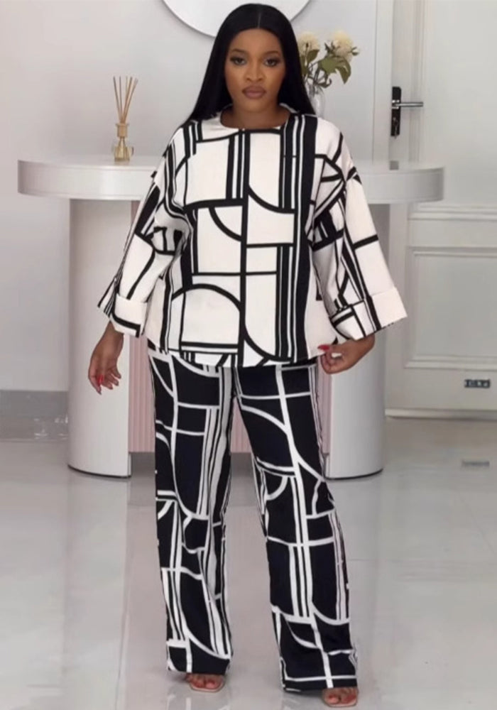 Printed Round Neck Long Sleeve Loose Top Straight Trousers Two-Piece Set