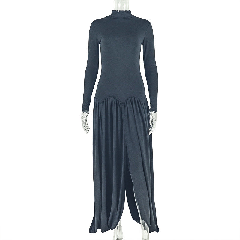 Women Slash Solid Pleated Elegant Turtleneck Long Sleeve Bodycon Dress 8