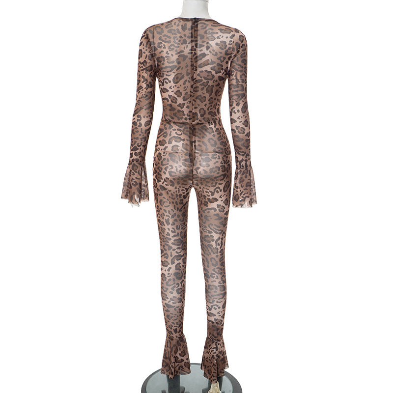 Women's Spring-Summer Leopard Mesh Bell Sleeve See-Through Jumpsuit 9