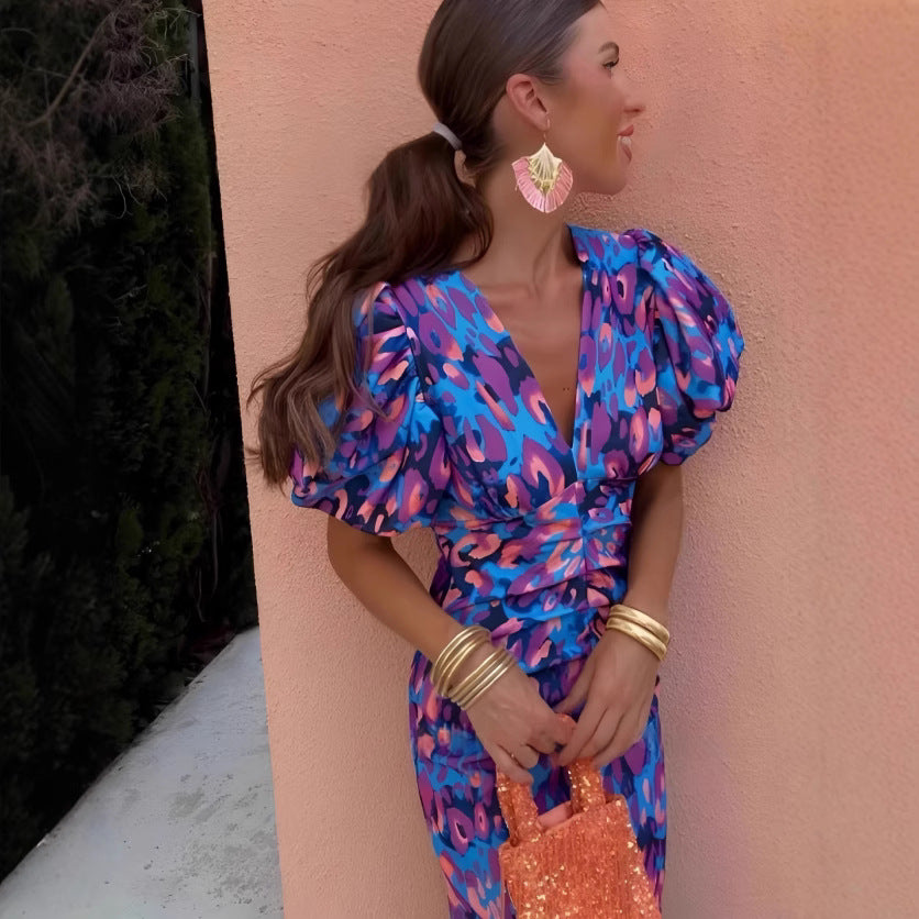 Printed V-Neck Slim Waist Puff Sleeve Bodycon Dress 6