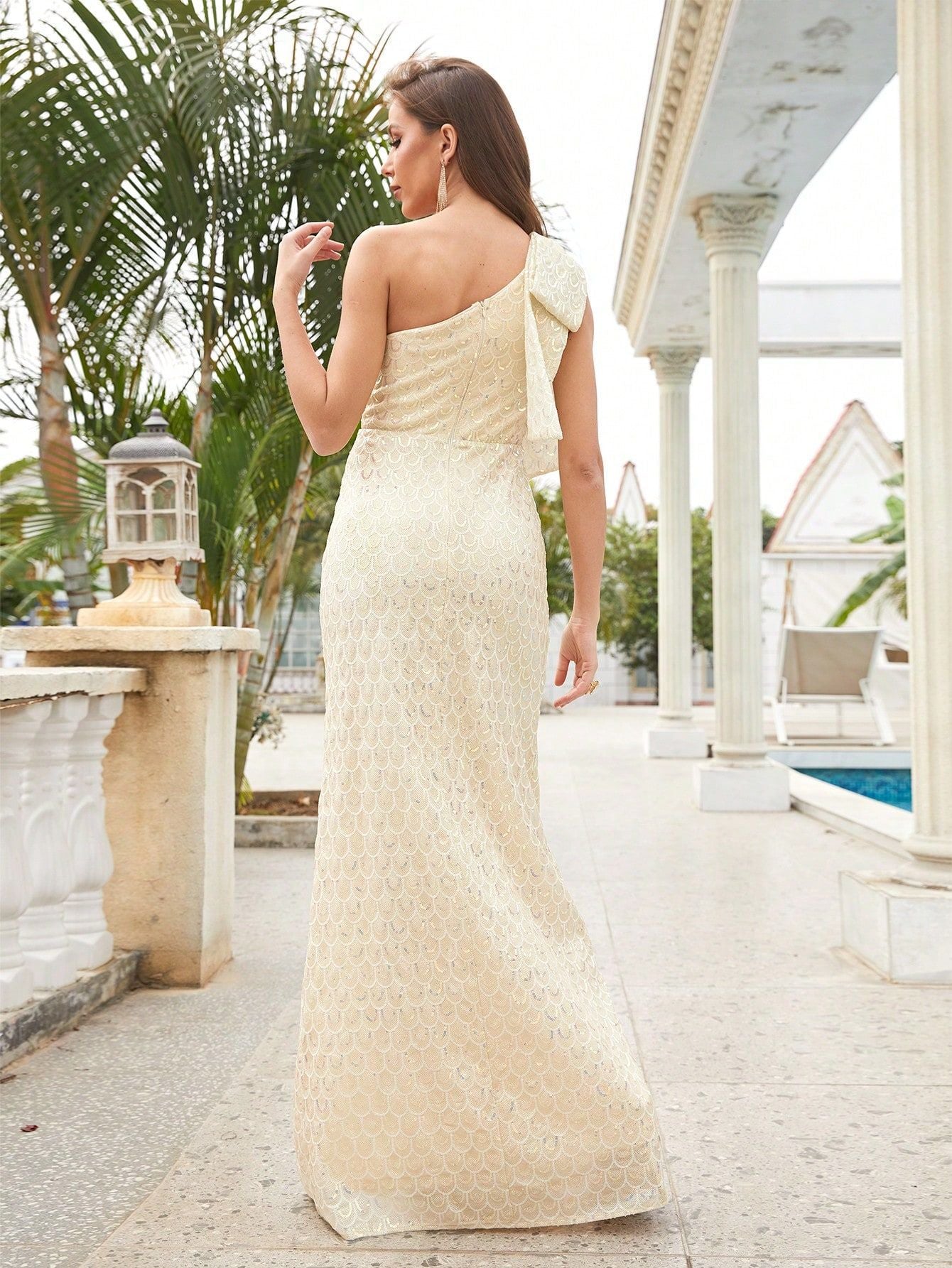 Women beige sequined elegant evening dress 4