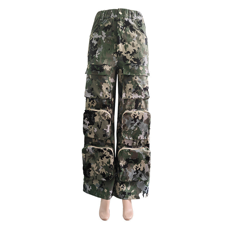 Summer Camouflage Print High-Waist Loose Cargo Pants 8