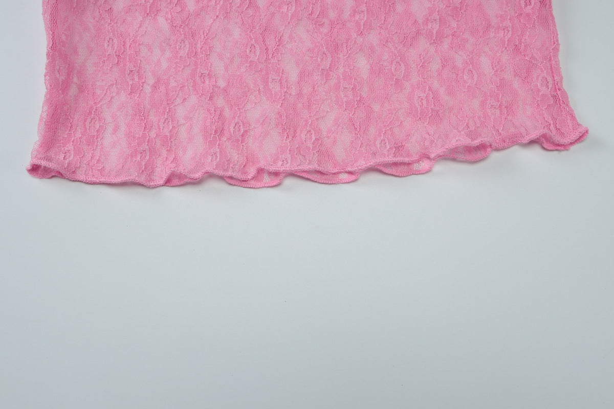 Women summer sexy See-Through Lace Patchwork V-neck Top and shorts two-piece set 15