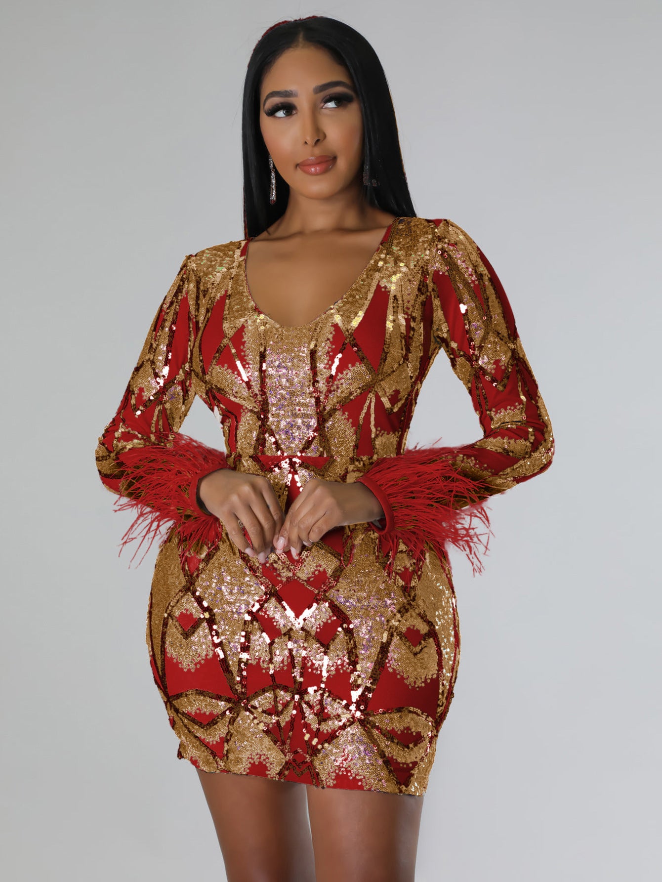 Women's V Neck Sexy Sequin Long Sleeve Nightclub Party Dress 5
