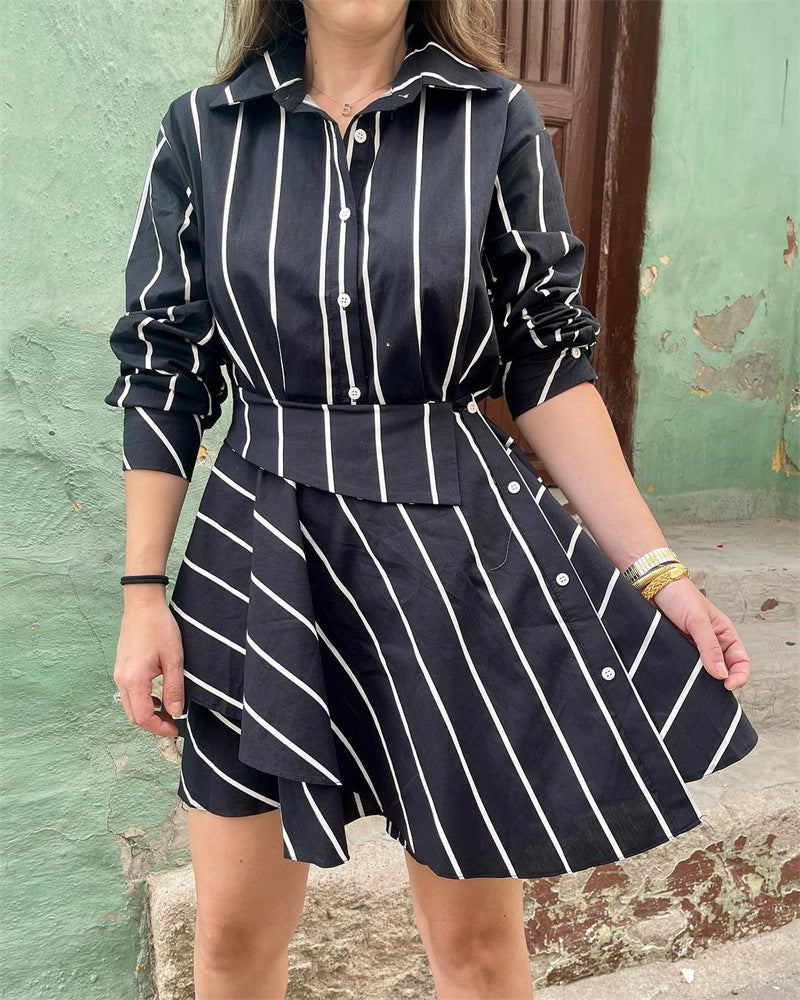 Women fashionable black and white striped print long sleeve dress 3