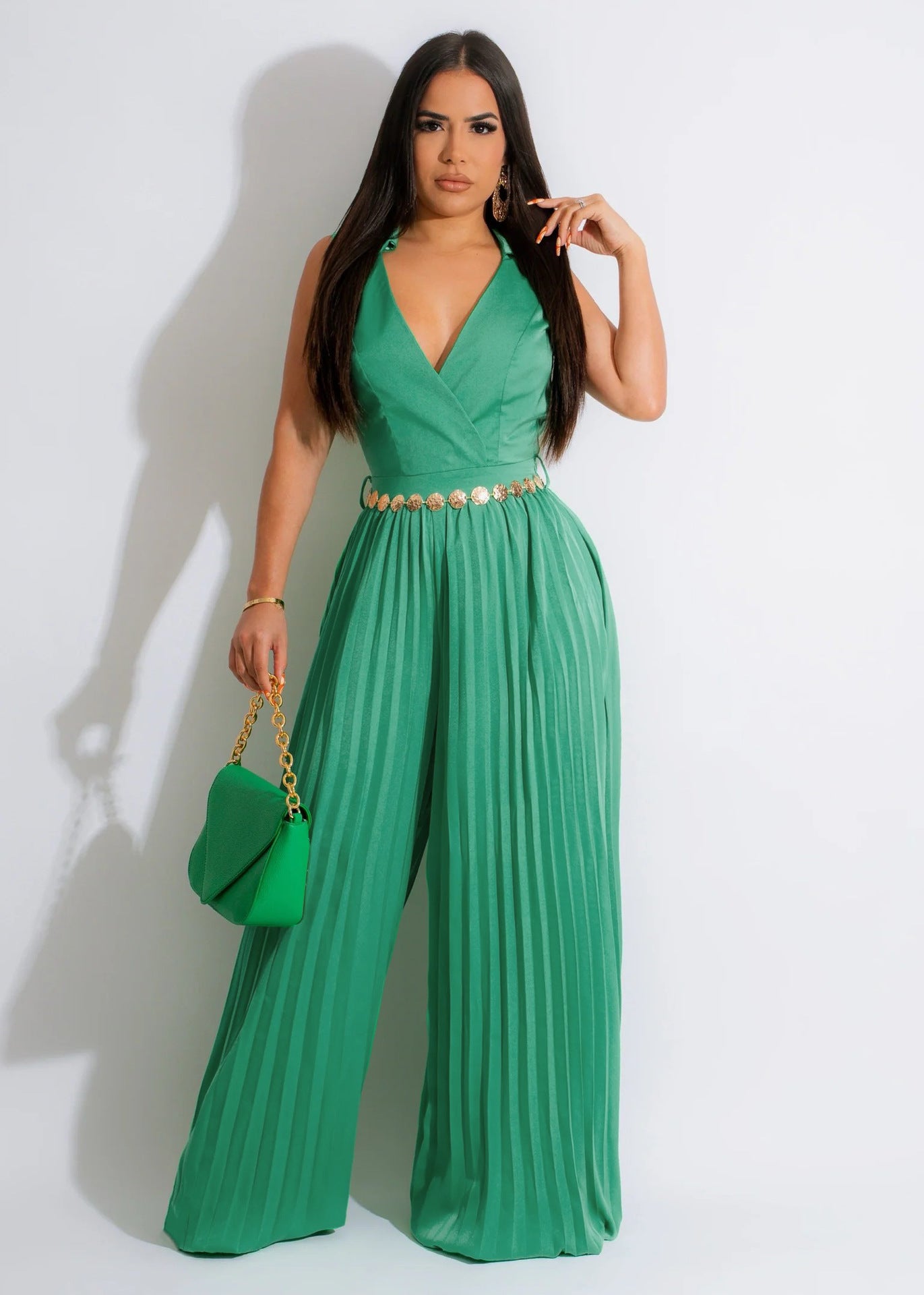 Sleeveless Chic Casual V Neck Slim Waist Pleated Wide Leg Jumpsuit 3