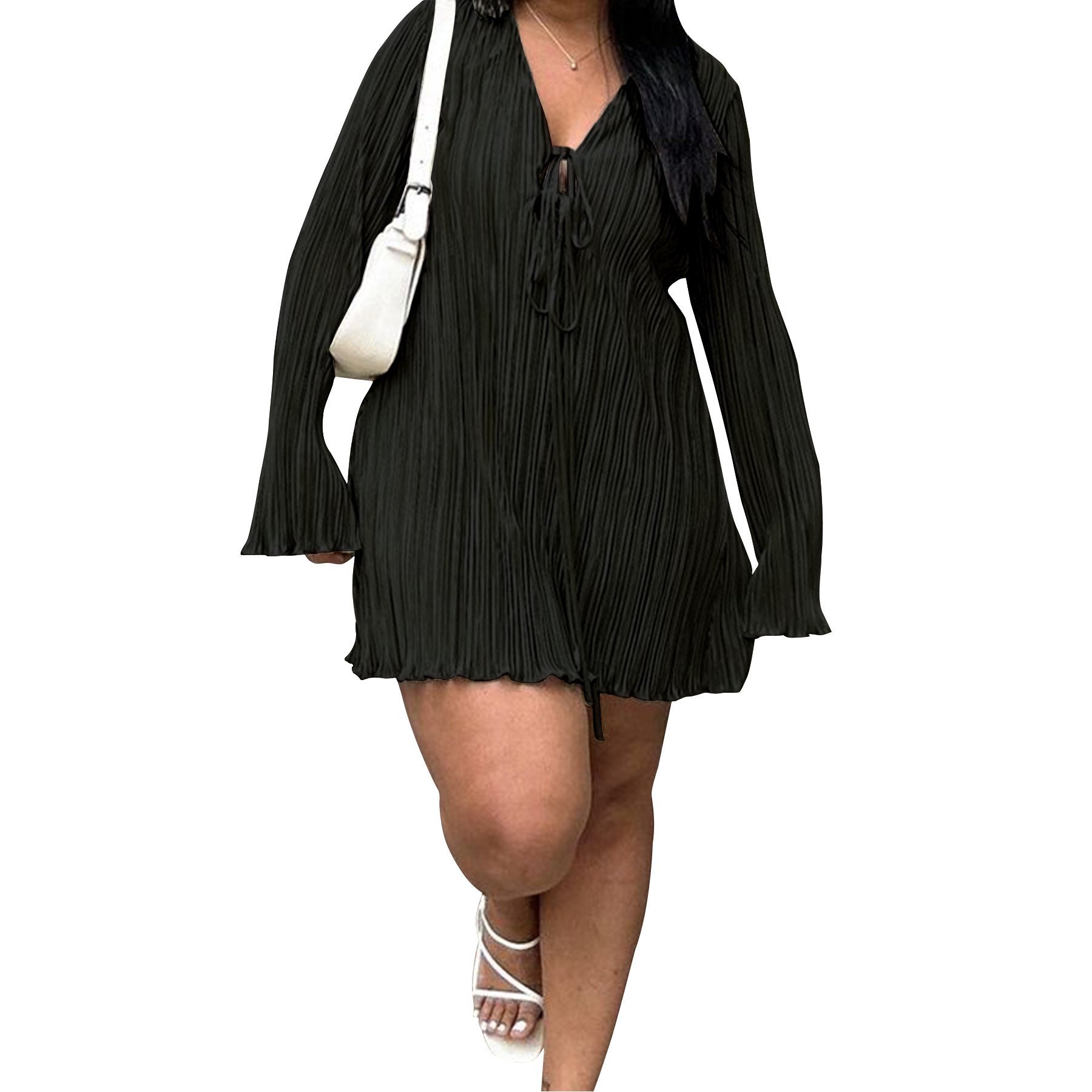 Plus Size Bell Bottom Long Sleeve Solid Color Casual Dress 10