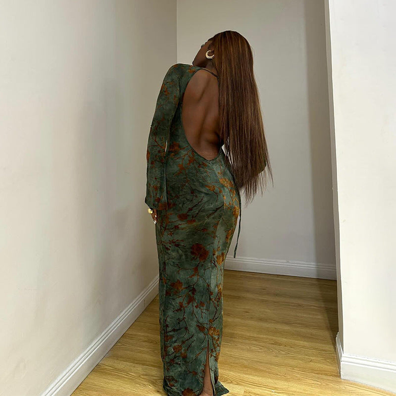 Autumn Round Neck Long-Sleeve Lace-Up Low Back Print Maxi Dress