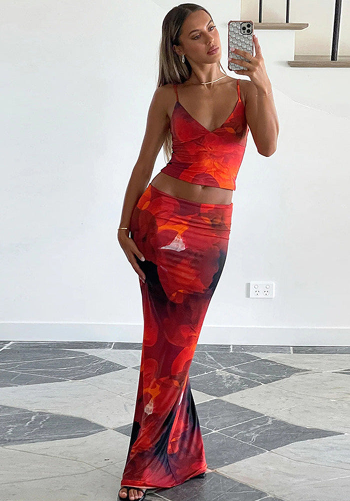 Women Summer Sexy Print Suspender Top Bodycon SkirtTwo Piece Set