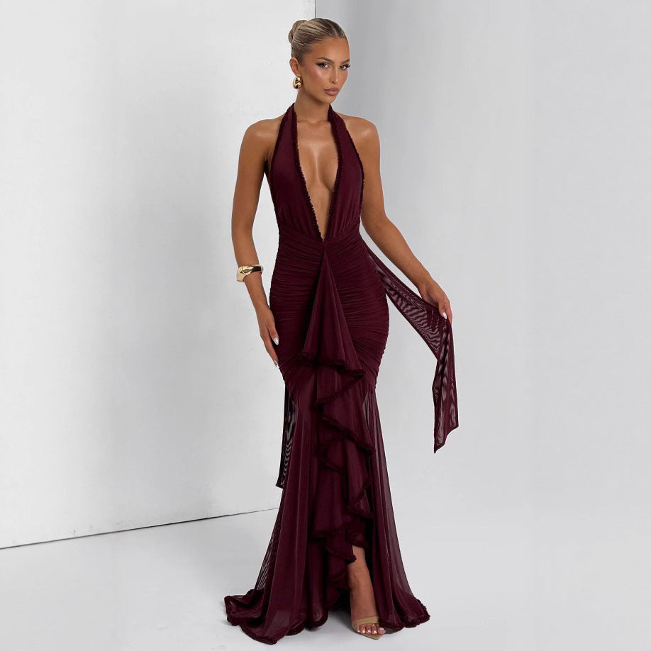 Women Sexy Stretch Suspender Solid V-Neck Dress 6