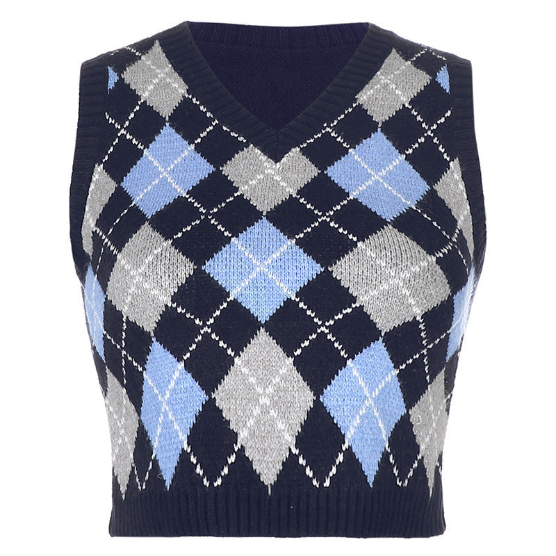 Women Solid Plaid Sleeveless V-Neck Sweater 32