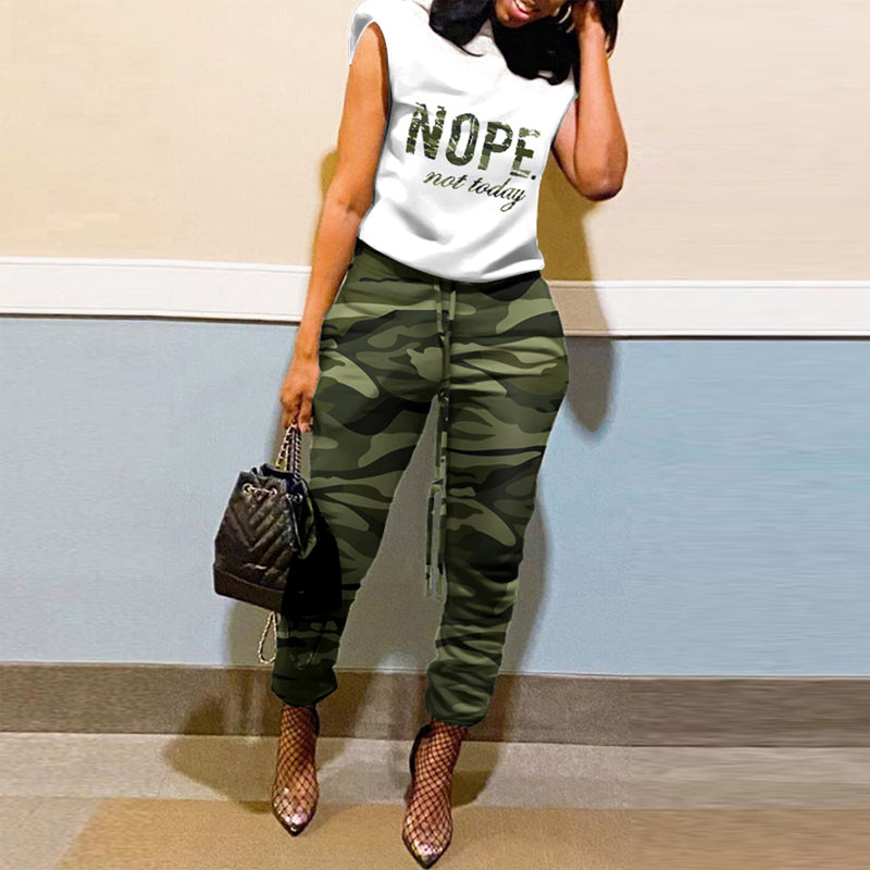 Casual Pad Shoulder Short Sleeve Top And Camouflage Pants Two Piece Set