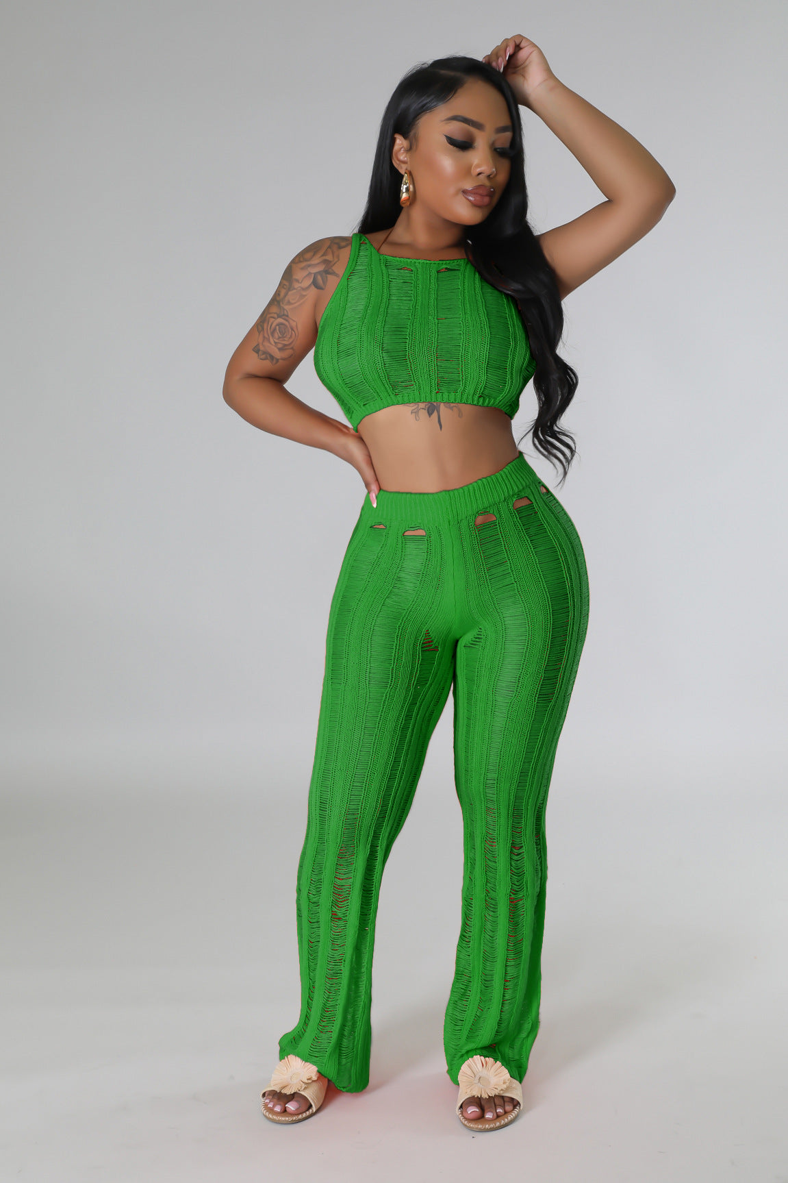 Summer Women Sexy Round Neck Sleeveless Ripped Crop Top and Pant Two-Piece Set 4