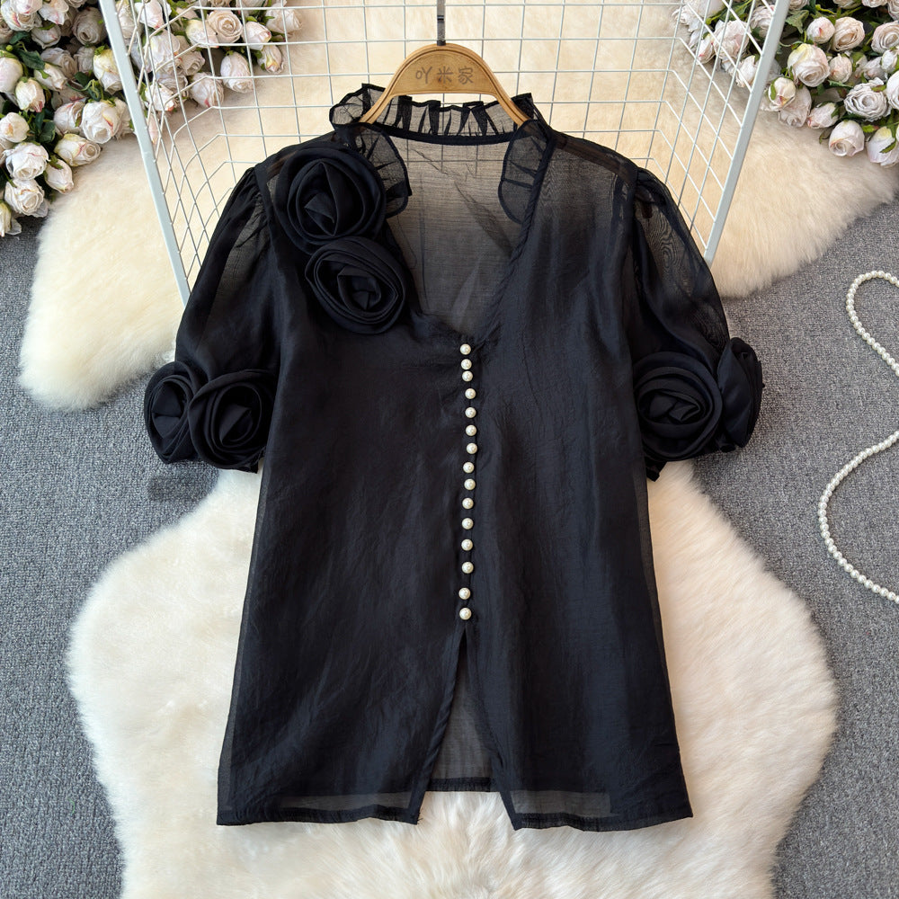 Women French Summer Short Sleeve Flower Mesh Shirt 3