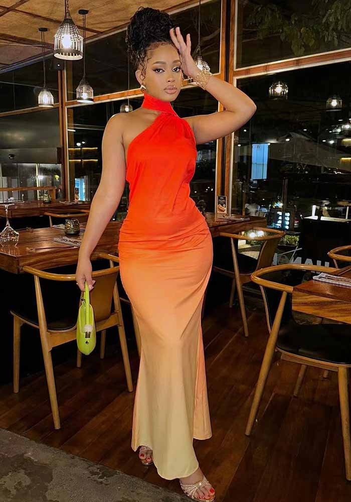 Summer Sexy Halter Neck Slash Shoulder Low Back Gradient Bodycon Dress