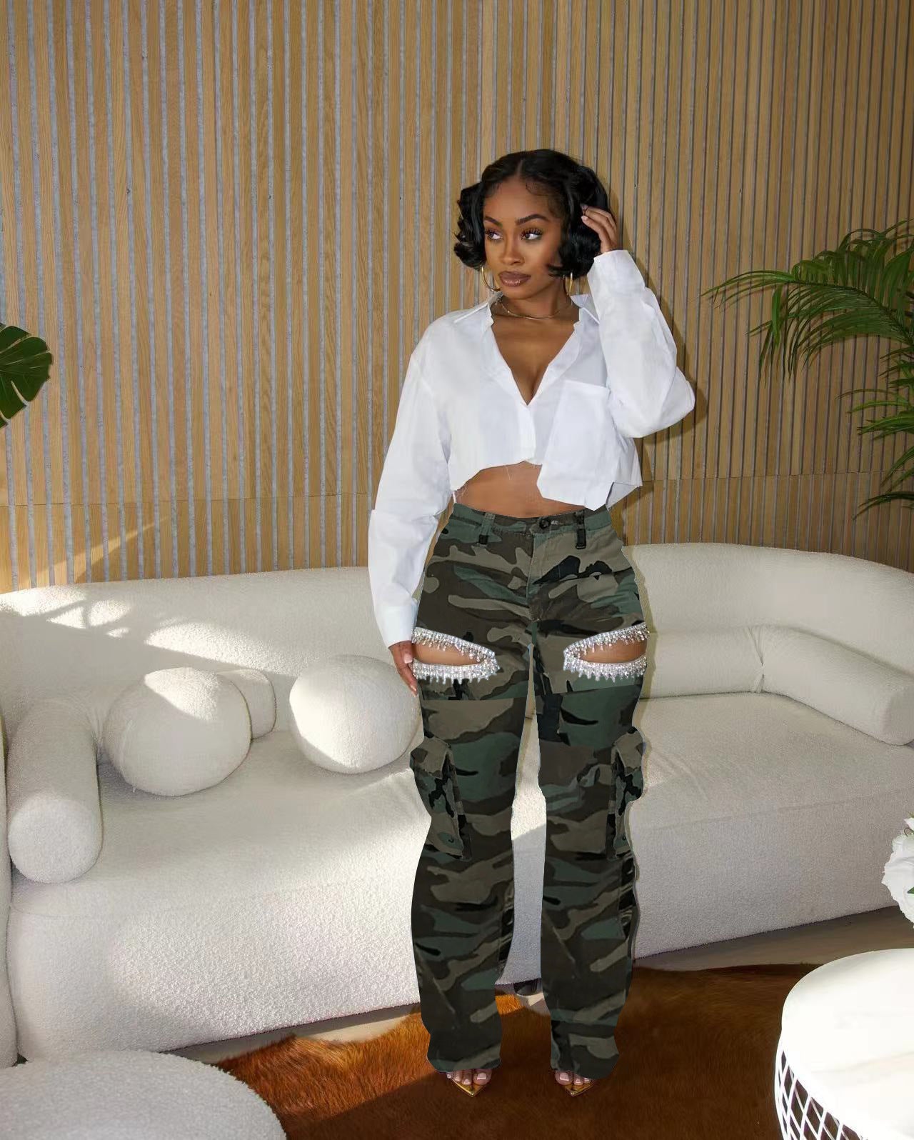 Fashionable Women's Multi-Pocket Cut Out Diamond Denim Pants 5