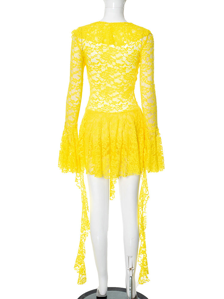 Women Lace Lotus Leaf Ribbon Long Sleeve Dress 11