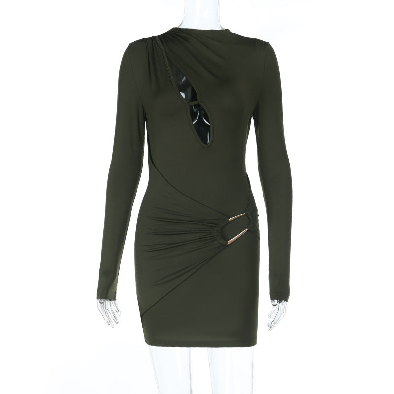 Women Sexy V-Neck Hollow Metal Button Long-Sleeved Bodycon Dress 13