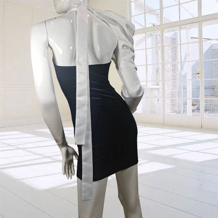 Women One Shoulder Bow Strapless Dress Two-piece Dress Set 15