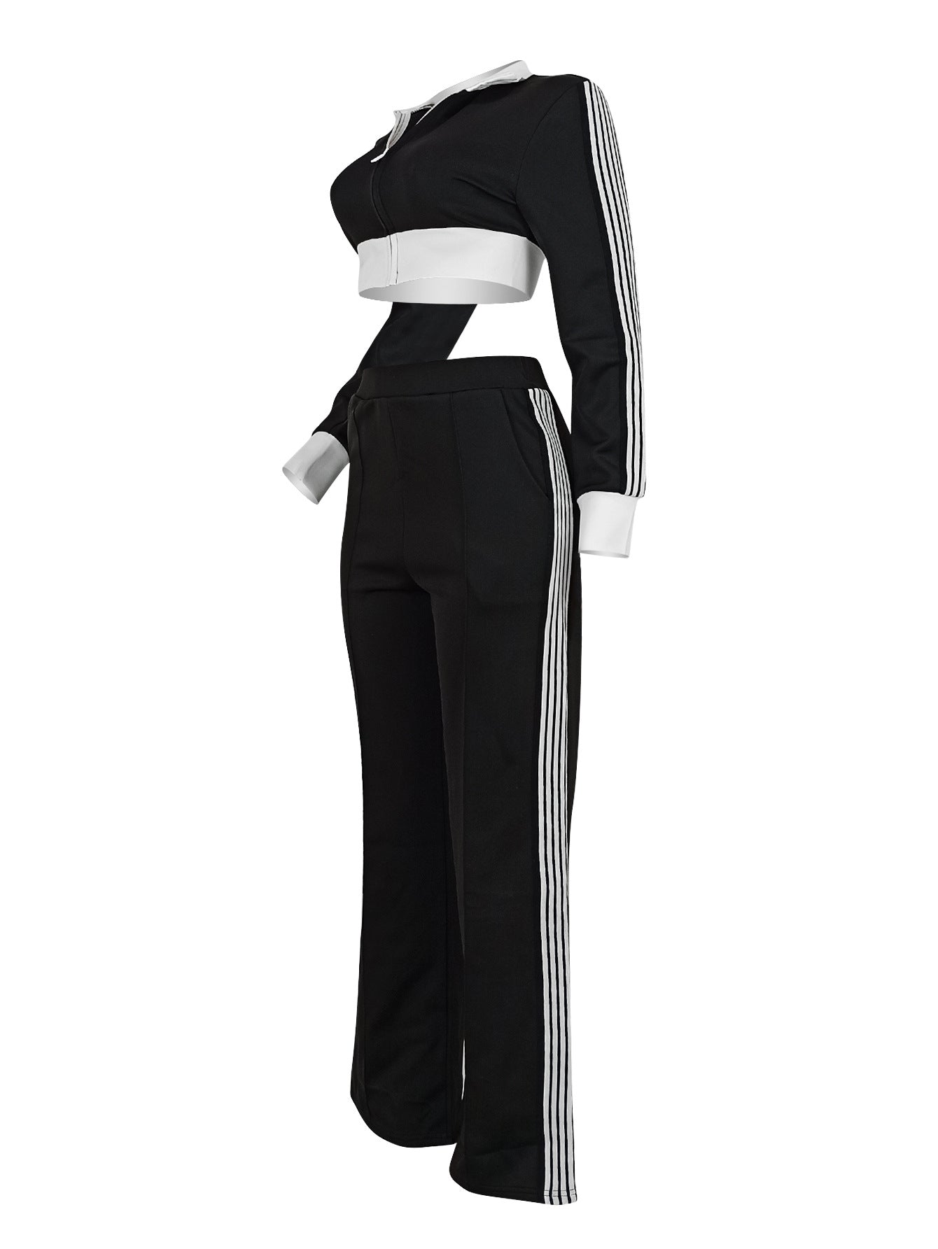 Women's Color-Blocked Casual Zip-Up Long Sleeve Top & Side-Stripe Sporty Pants Autumn/Winter Set 6
