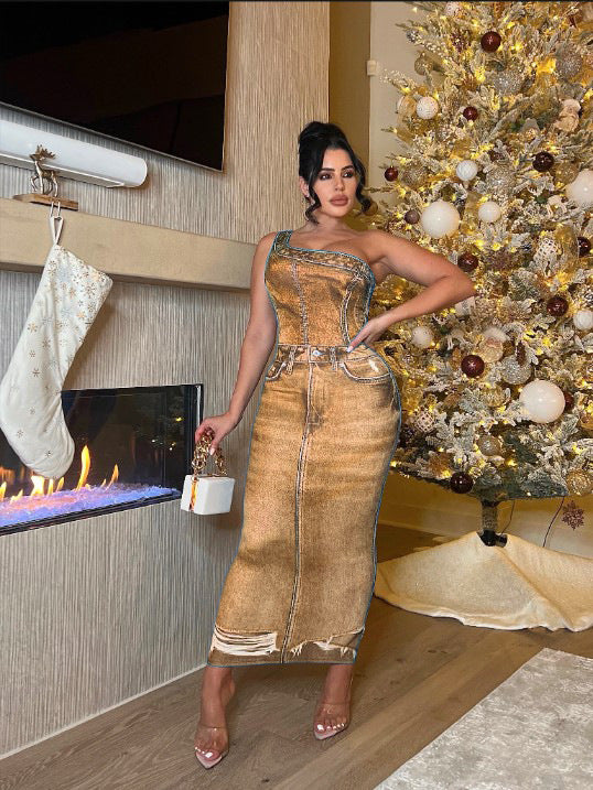 Women Prints Slash Shoulder Bodycon Dress