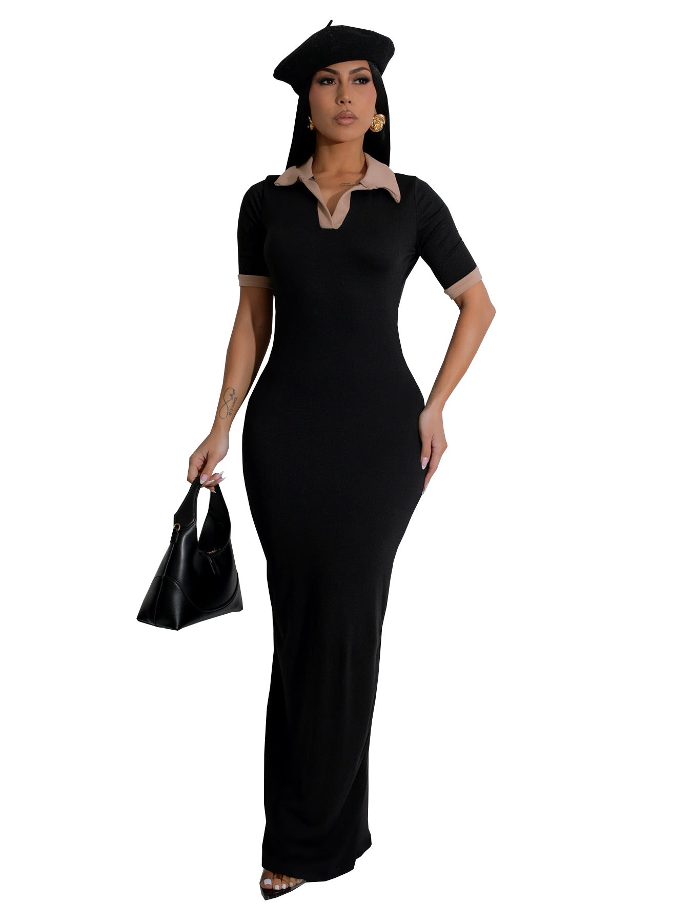 Female Turndown Collar Short Sleeve Slim Fit Long Dress 12