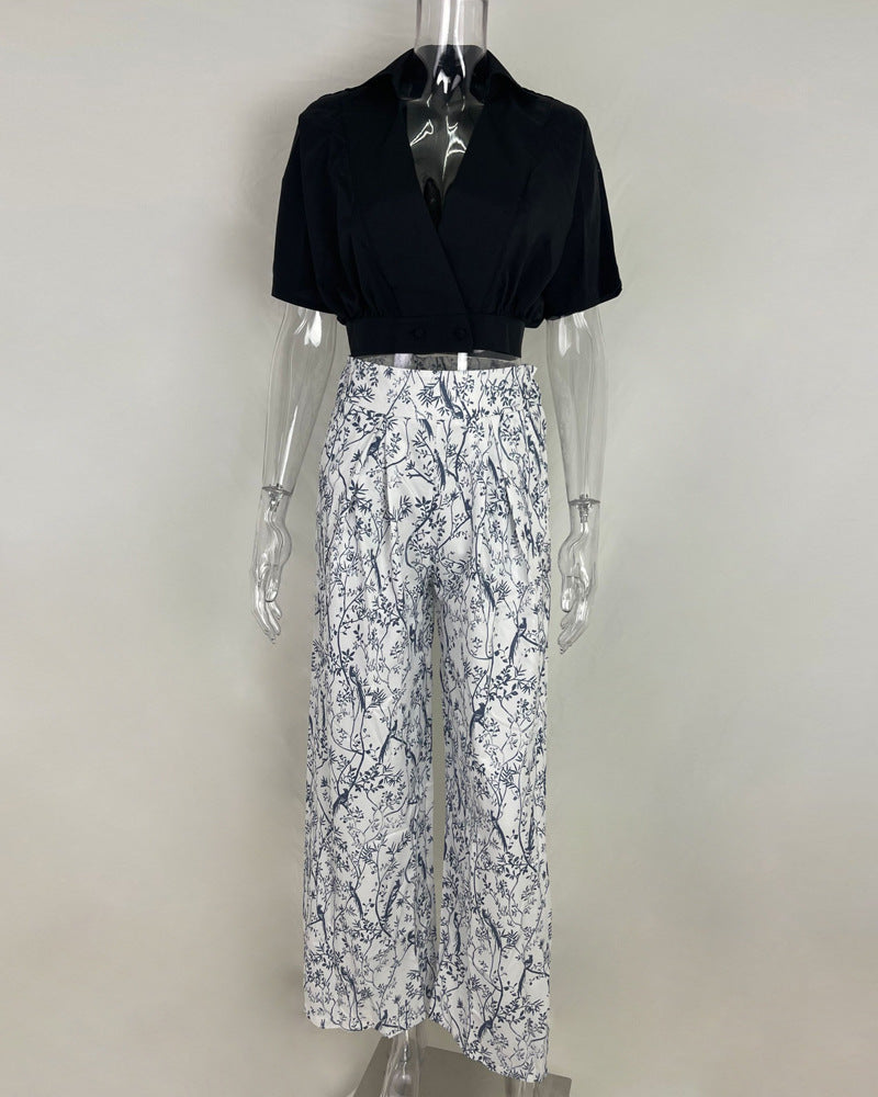 Women Clothes V-Neck Cropped Shirt Top Print Career Wide Leg Pants Two Piece Set 15