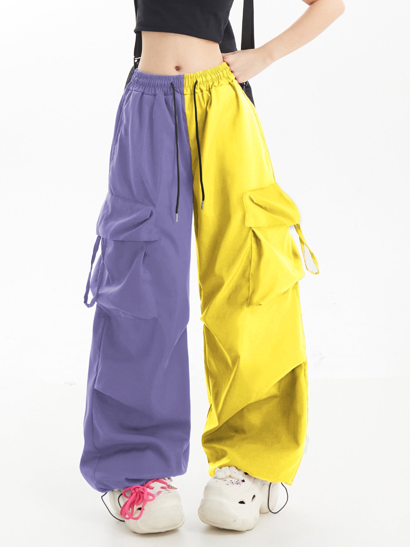 American Contrast Color Loose Wide Leg Cargo Pants Hip Hop Color Matching Fashion Casual Sports Trousers for Women 23