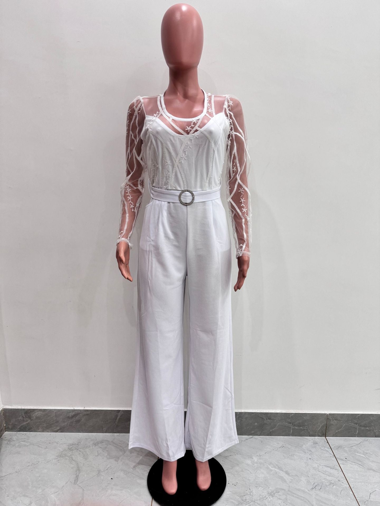 Women's Mesh See-Through Patchwork Embroidery Sexy Jumpsuit (Includes Belt) 12