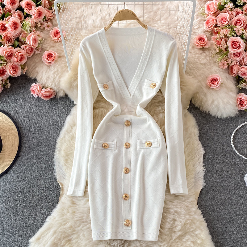 Autumn And Winter Women's V-Neck Long-Sleeved Sweater Dress Slim Fit Bodycon Knitting Dress 9