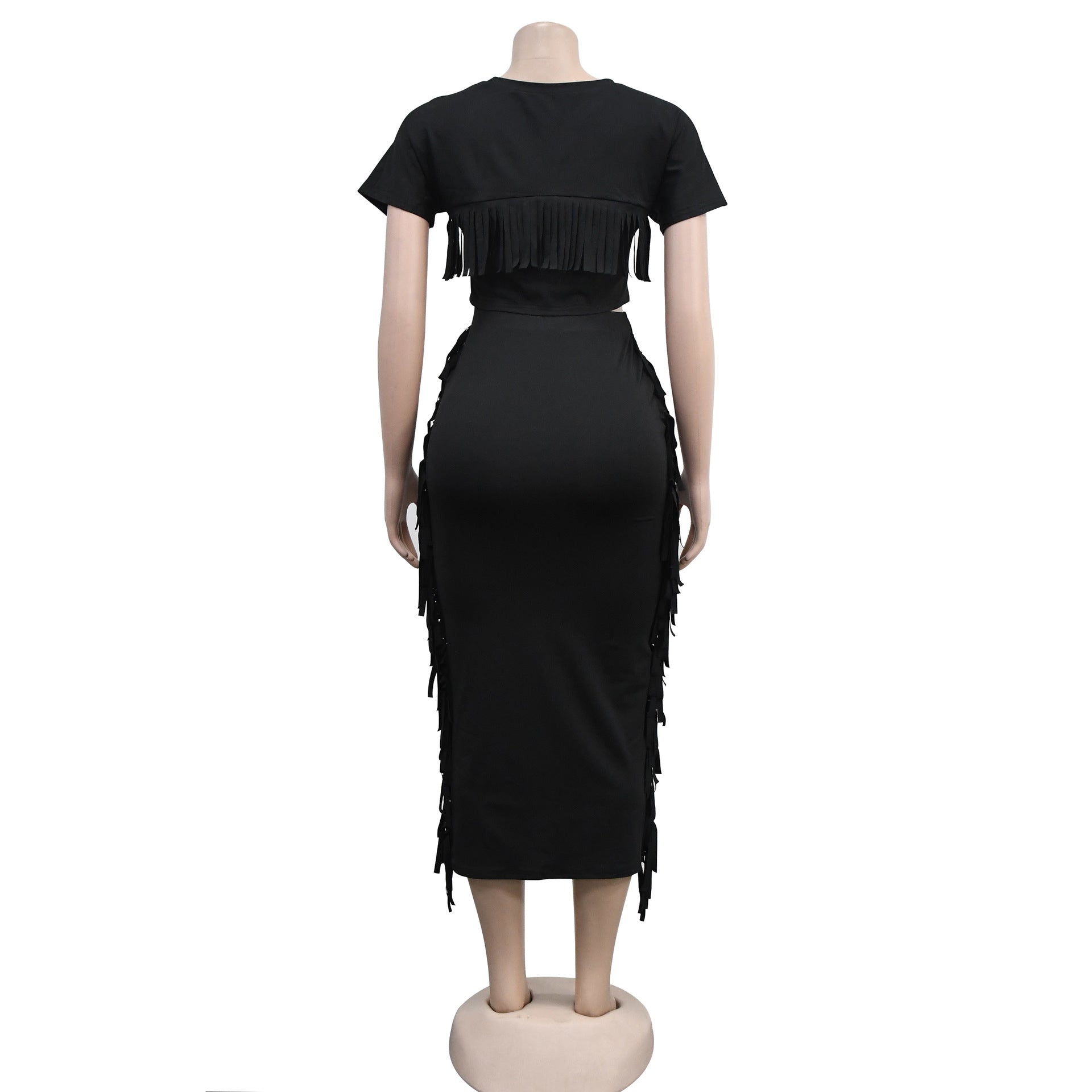 Women Solid Tassel Round Neck Short Sleeve Top and Long Dress Two-Piece Set 19