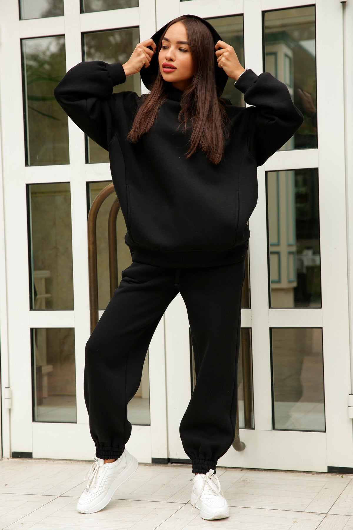 Women'S Fall Winter Fashion Solid loose Hoodies Casual Two Piece tracksuits 18