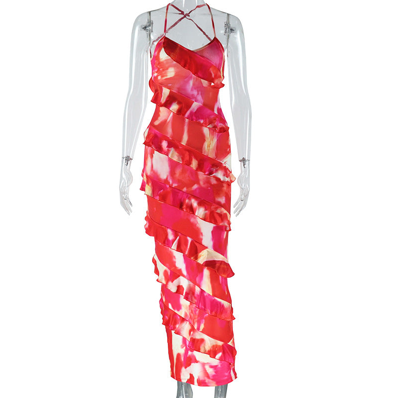 Women's Fashion Print Sexy Strap Low Back Ruffled Irregular Trend Dress 8