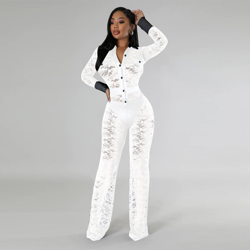 Women Lace Patchwork Long Sleeve Jumpsuit 4
